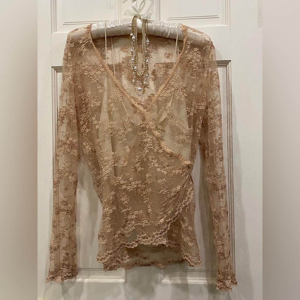 Fancy Top With Tan Netting And Gold Accents - image 3